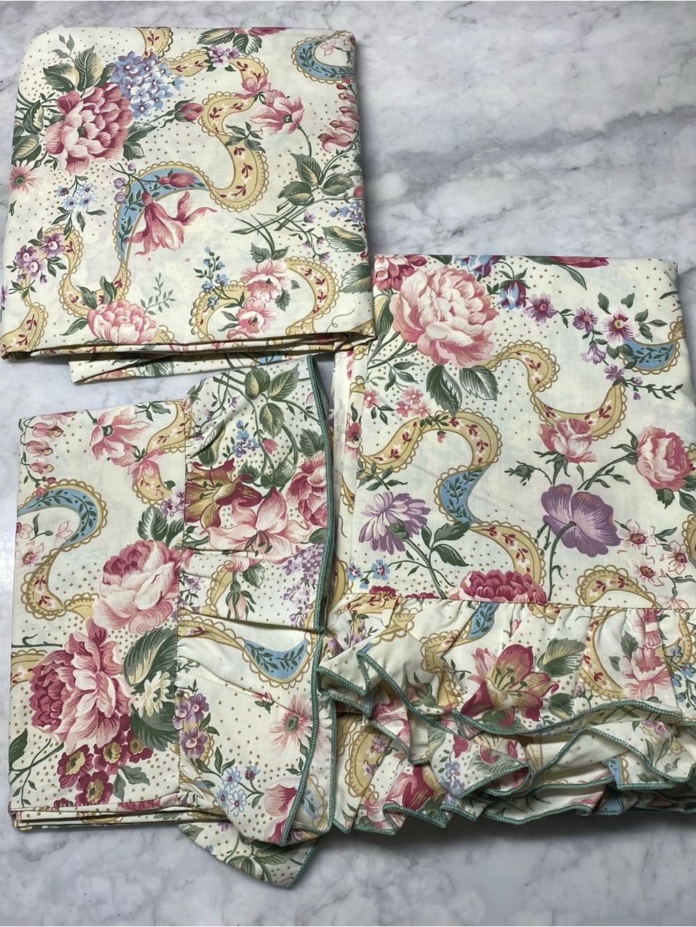 VTG Floral Paisley Twin Sheet Set Martha Stewart Ruffled Top Cotton Blend Read